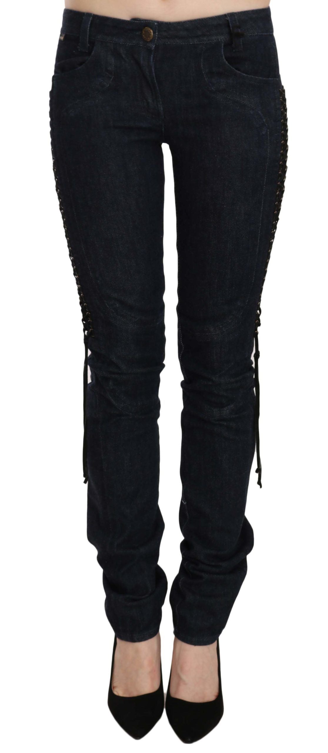 Just Cavalli Blue Low Waist Skinny Trousers Braided String Pants