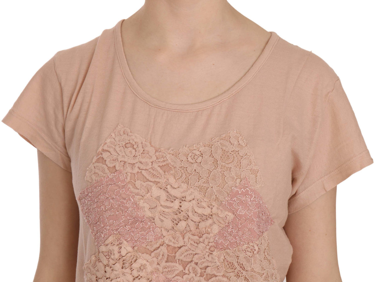 PINK MEMORIES Pink Cream Lace Short Sleeve Shirt Top Cotton Blouse