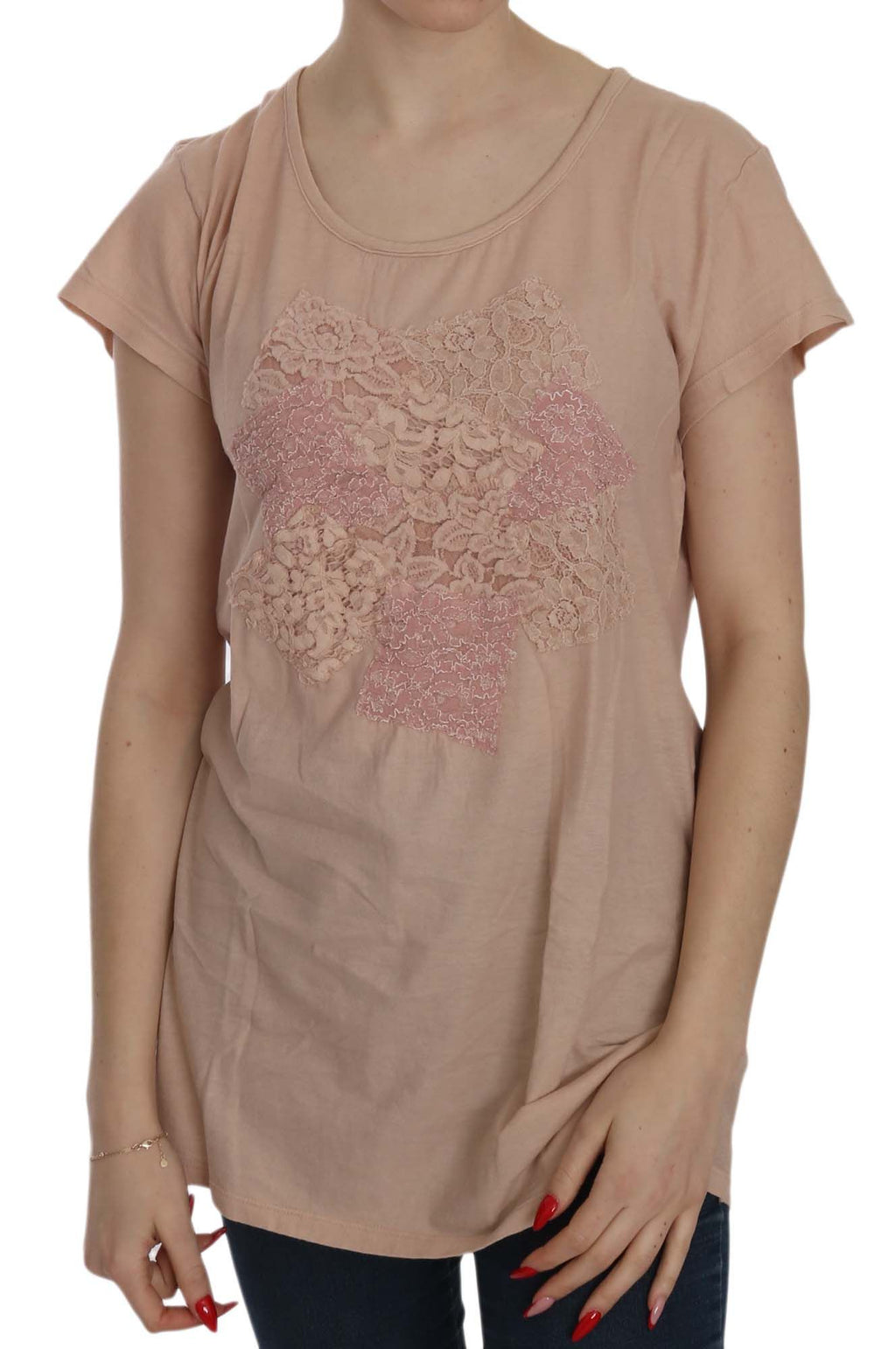 PINK MEMORIES Pink Cream Lace Short Sleeve Shirt Top Cotton Blouse
