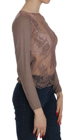 PINK MEMORIES Brown Lace See Through Long Sleeve Top