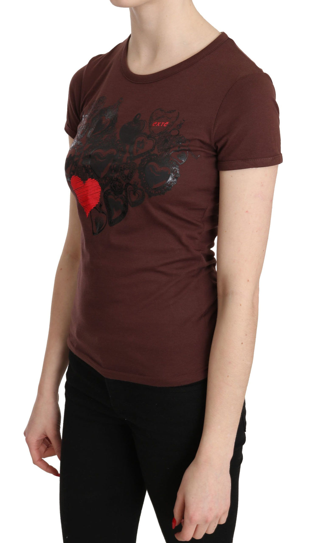 Exte Brown Hearts Printed Round Neck T-shirt Top
