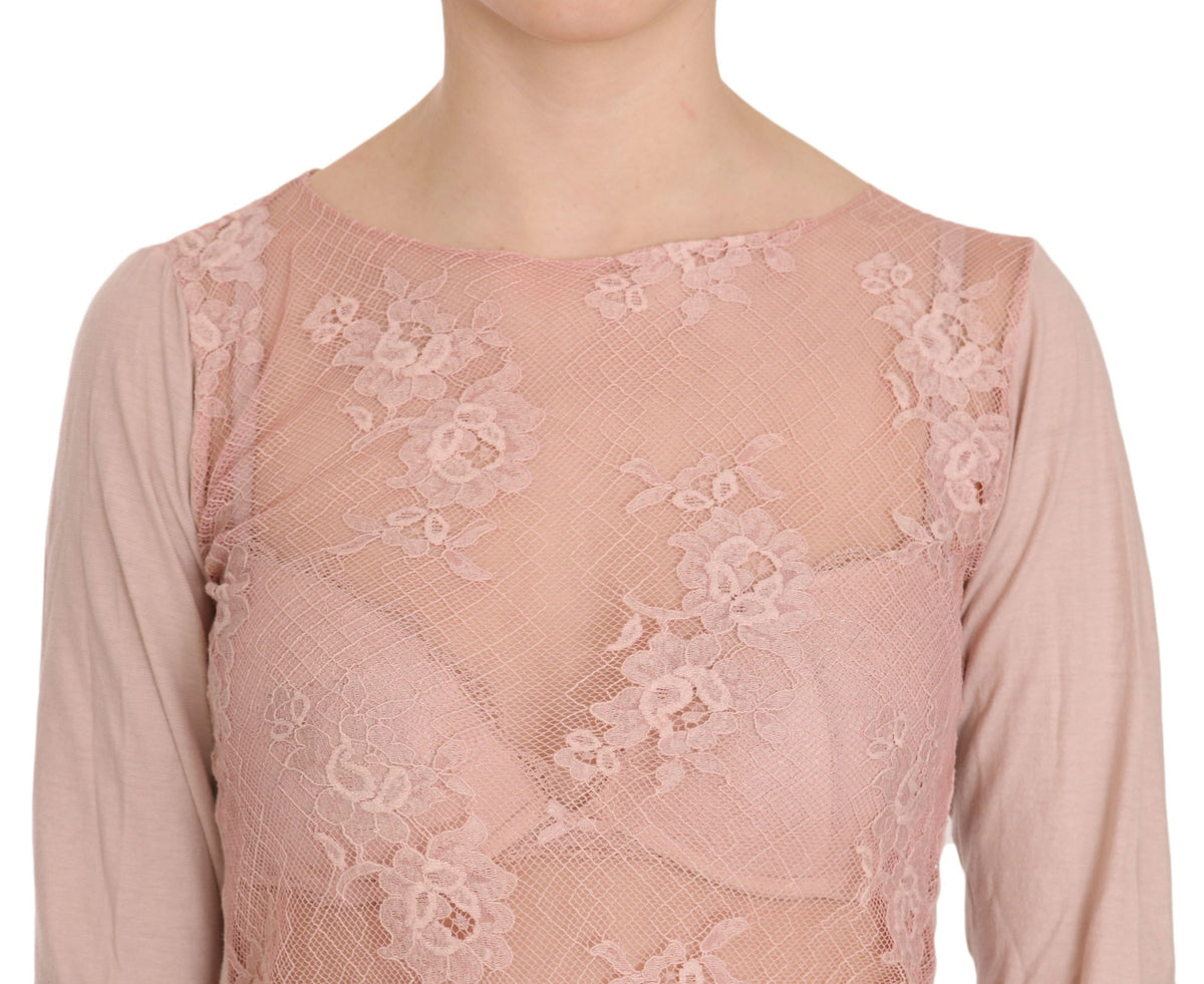 PINK MEMORIES Pink Lace See Through Long Sleeve Top Blouse