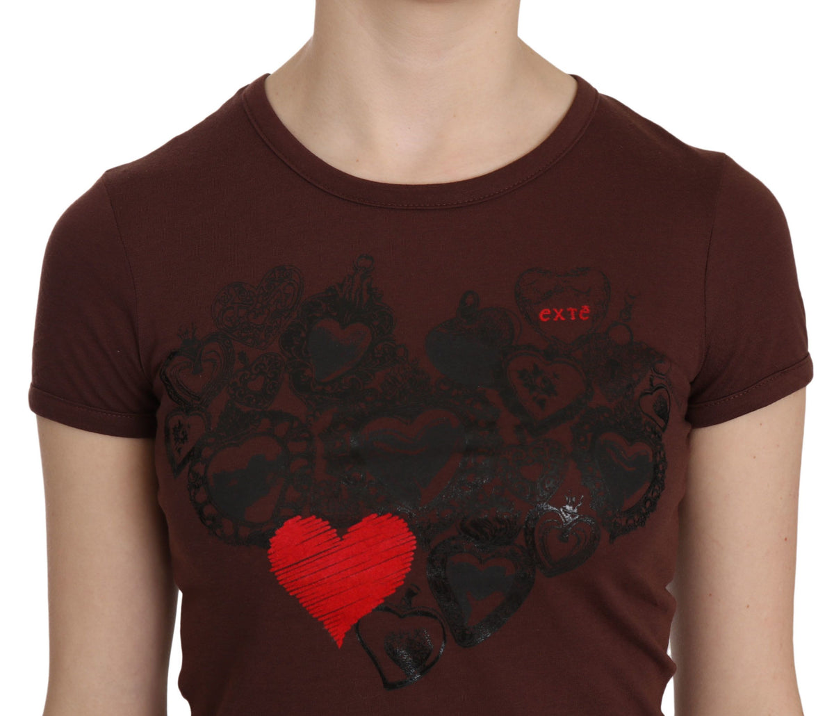 Exte Brown Heart Print Crew Neck T-shirt Short Sleeve Blouse