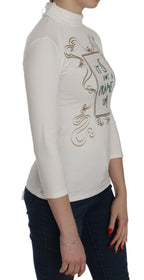 Exte White Printed Turtle Neck 3/4 Sleeve Top Cotton Blouse