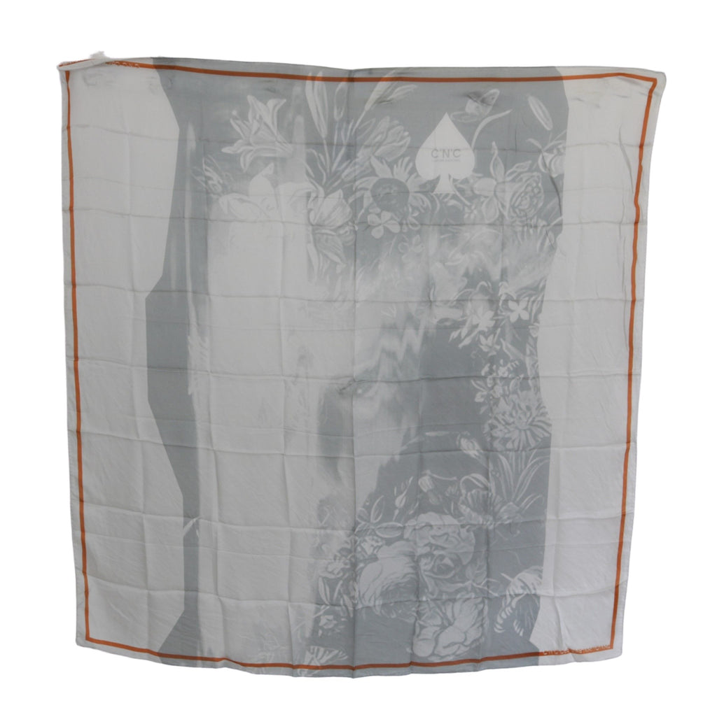 Costume National Gray Orange Silk Floral Foulard Wrap Scarf