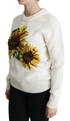 Dolce & Gabbana White Floral Wool Pullover Sunflower Sweater