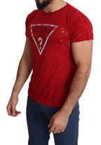 Guess Red Cotton Logo Print Men Casual Top Perforated T-shirt