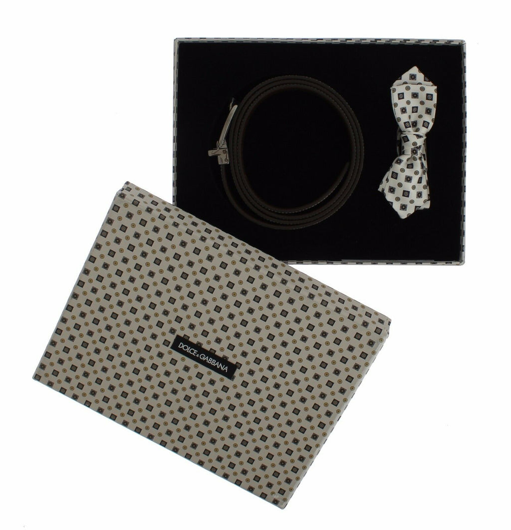 Dolce & Gabbana White Silk Bowtie Leather Men Belt Gift Box