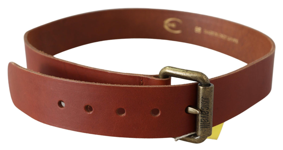 Just Cavalli Brown Leather Logo Bronze Rustic Metal Buckle Belt