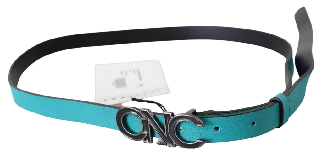 Costume National Blue Green Leather Logo Silver Buckle Belt
