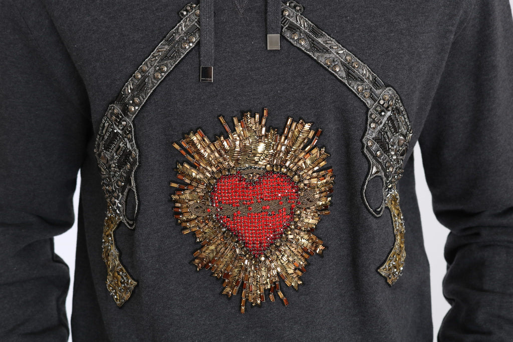 Dolce & Gabbana Gray Hooded Red Crystal Heart Gun Sweater