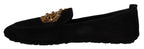Dolce & Gabbana Black Leather Crystal Gold Crown Loafers Shoes