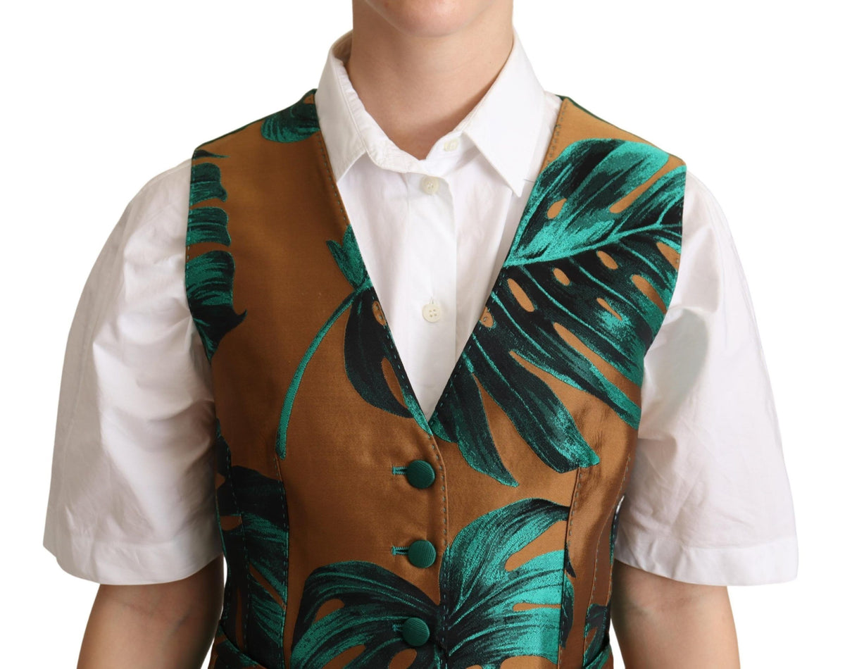 Dolce & Gabbana Green Jacquard Leaf Gold Waistcoat Vest