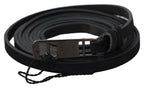 Costume National Black Leather Skinny Logo Buckle Belt