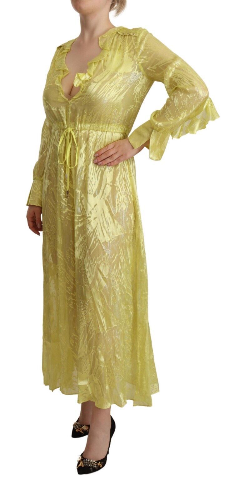 Patrizia Pepe Yellow Silk Long Sleeves Plunging Maxi Dress
