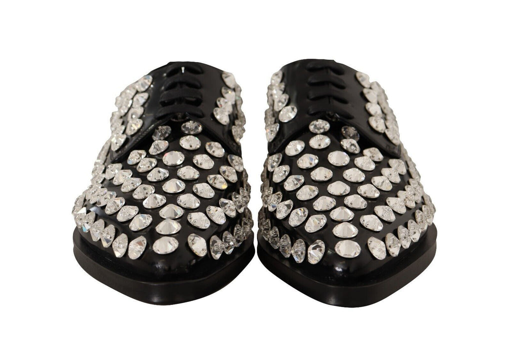 Dolce & Gabbana Black Leather Crystals Lace Up Formal Shoes