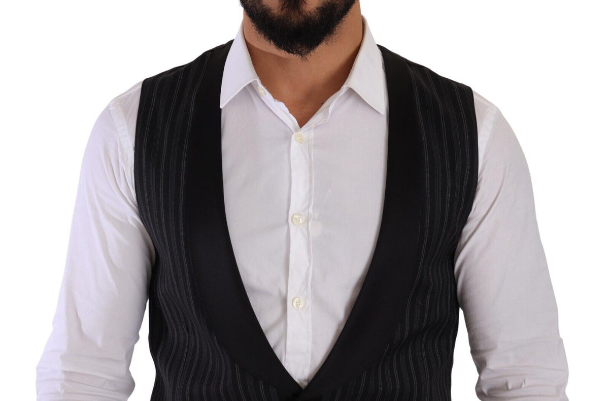 Dolce & Gabbana Dark Gray Striped Wool Silk Waistcoat Vest