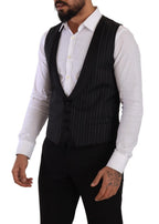 Dolce & Gabbana Dark Gray Striped Wool Silk Waistcoat Vest
