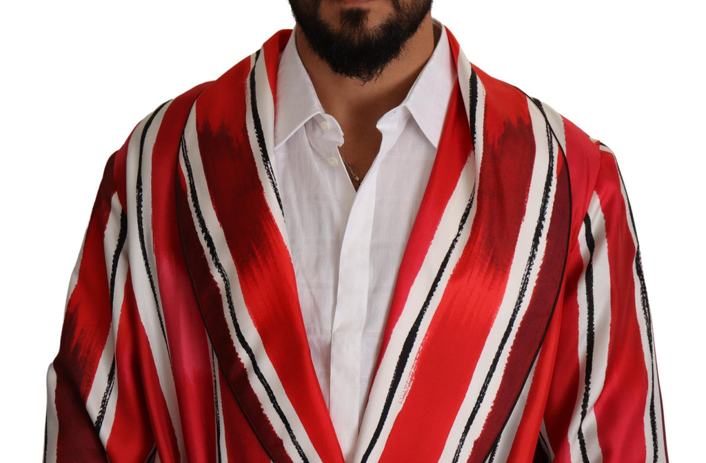Dolce & Gabbana Red White Striped Silk Mens Night Gown Robe