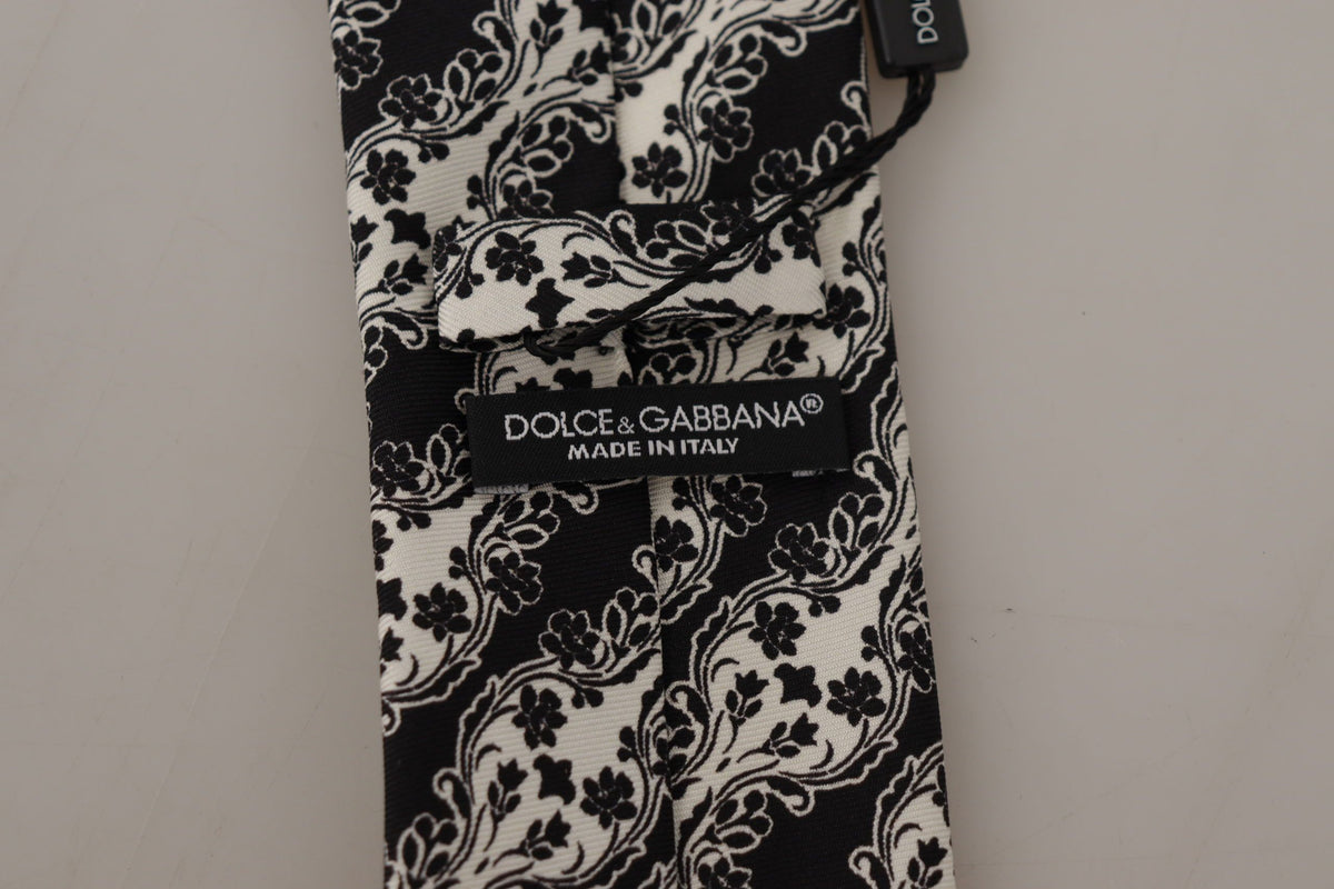 Dolce & Gabbana Black White Flower 100% Silk Print Adjustable Accessory Tie
