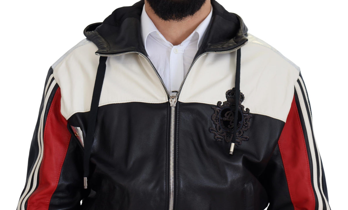 Dolce & Gabbana Black Leather Hooded Blouson Coat Jacket
