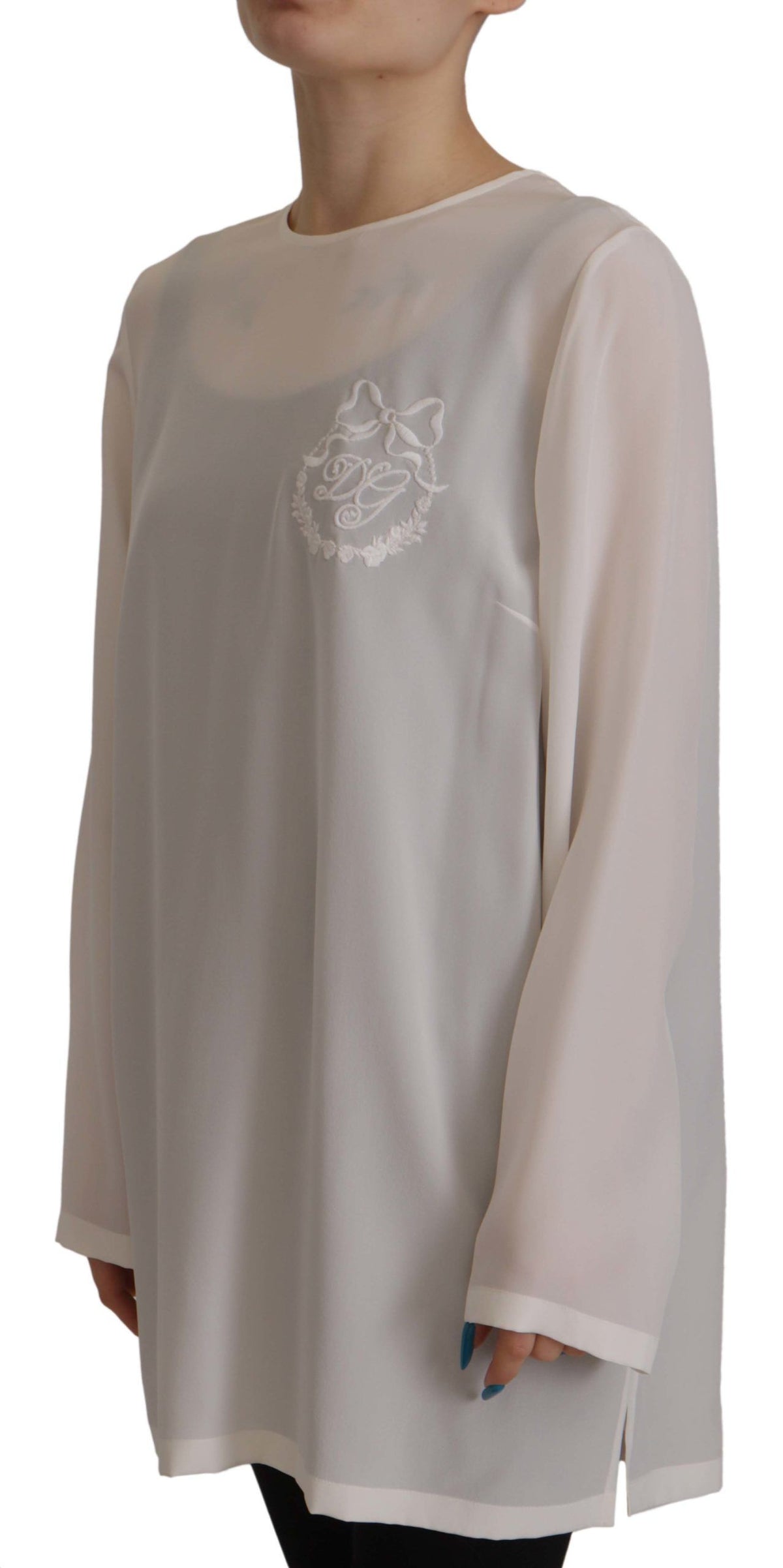 Dolce & Gabbana White Silk DG Logo Embroidered Long Sleeves Blouse
