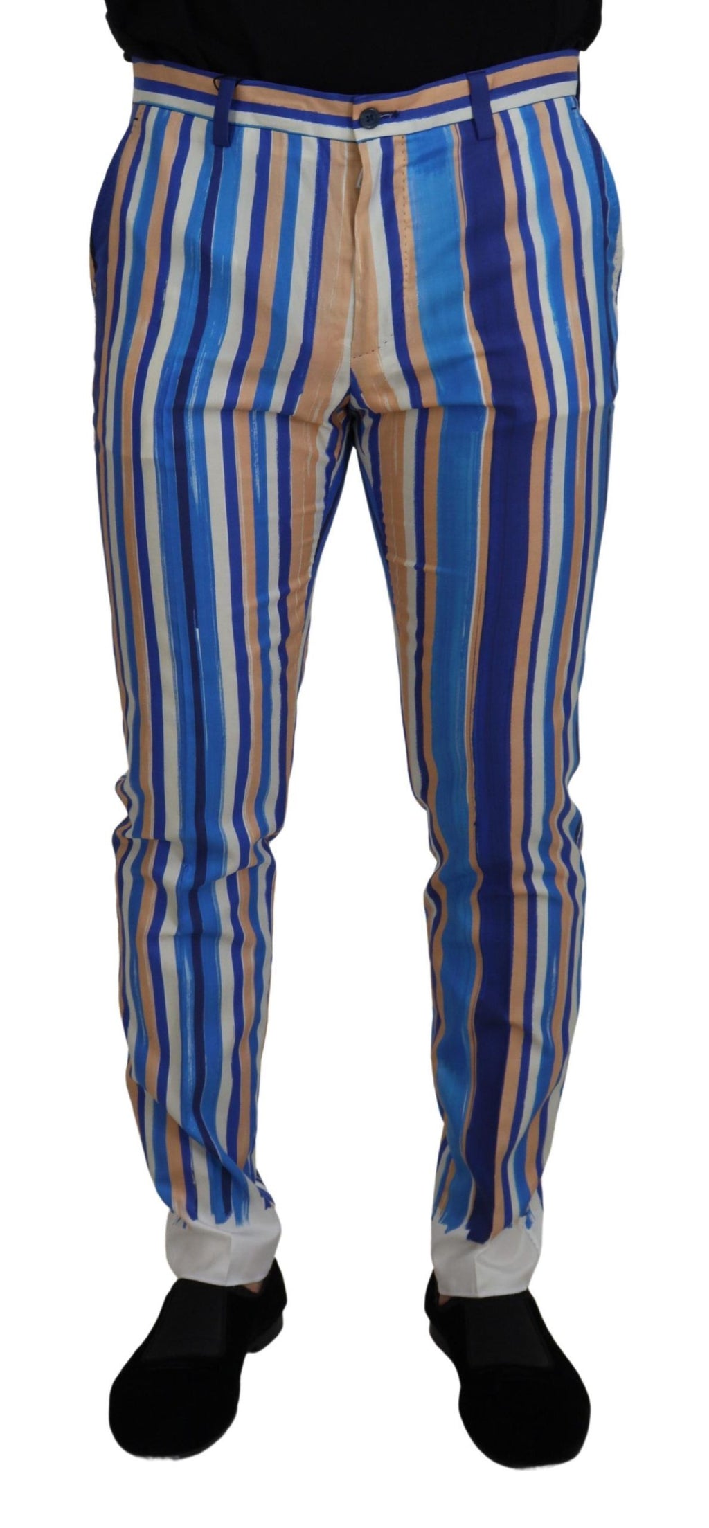 Dolce & Gabbana Blue Striped Silk Cotton Slim Trousers Pants