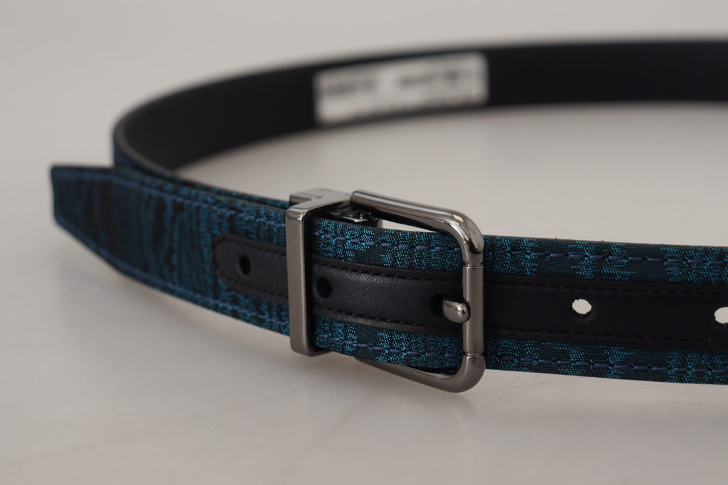 Dolce & Gabbana Blue Jacquard Moire Silver Metal Belt Men