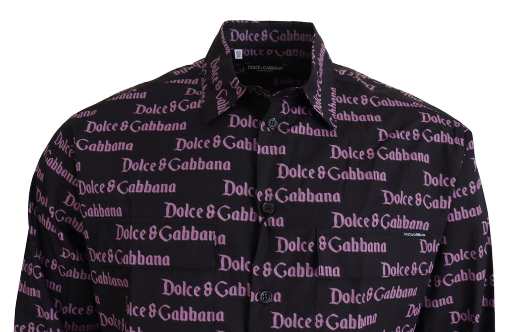 Dolce & Gabbana Black Purple Logo Slim Dress Formal Shirt