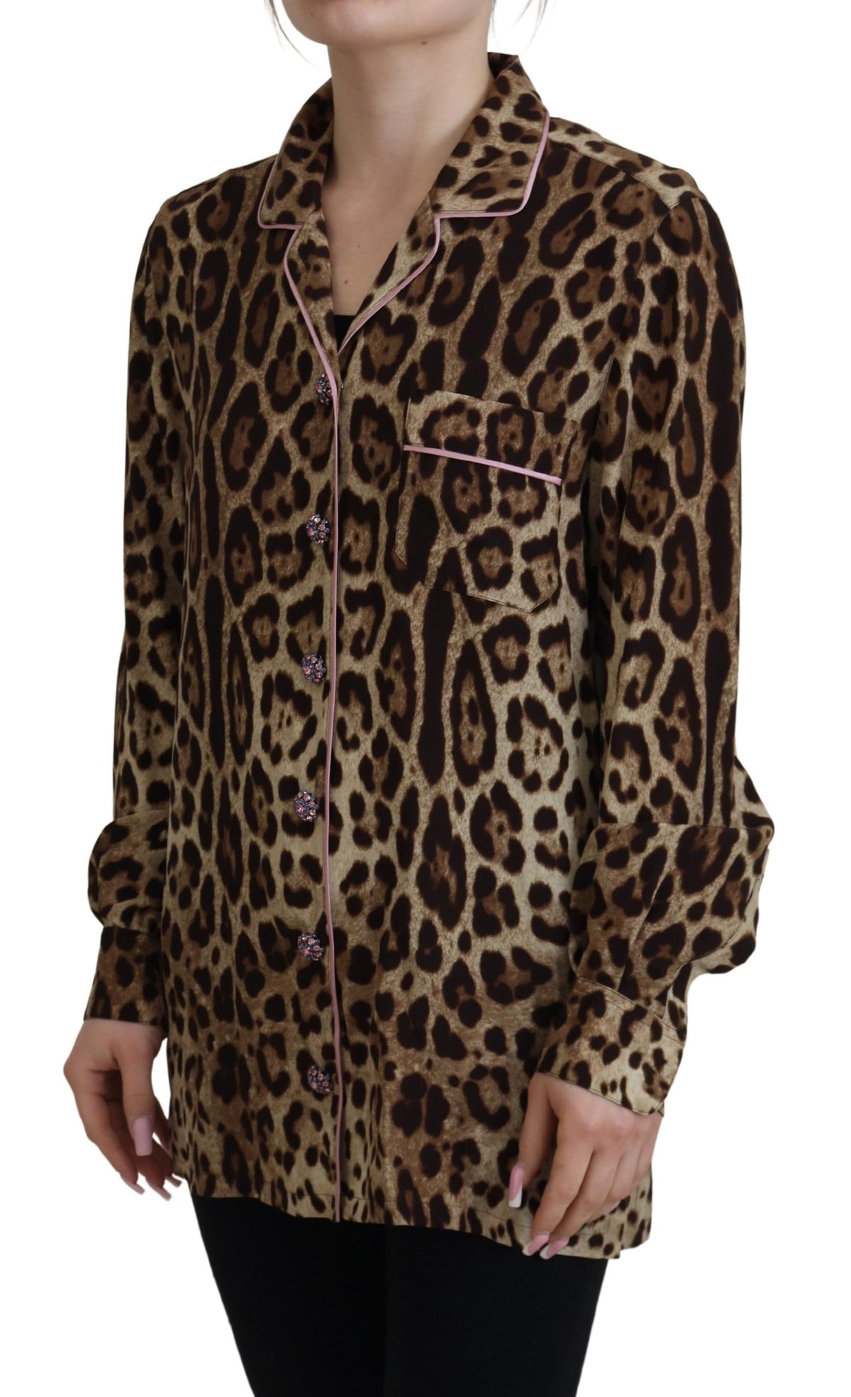 Dolce & Gabbana Brown Leopard Print Long Sleeves Blouse Top