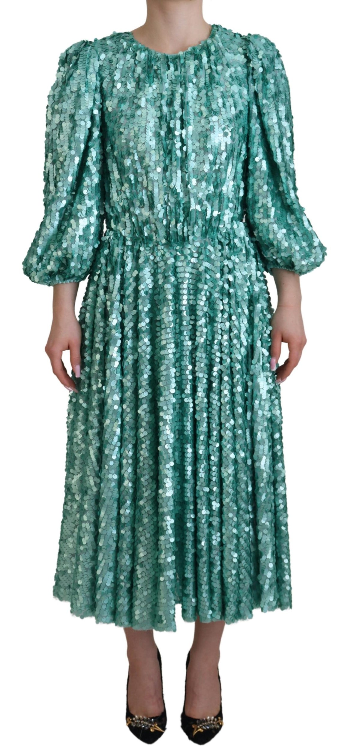 Dolce & Gabbana Blue Sequined Pleated Aline Midi Nylon Dress