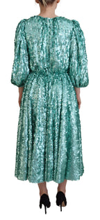 Dolce & Gabbana Blue Sequined Pleated Aline Midi Nylon Dress