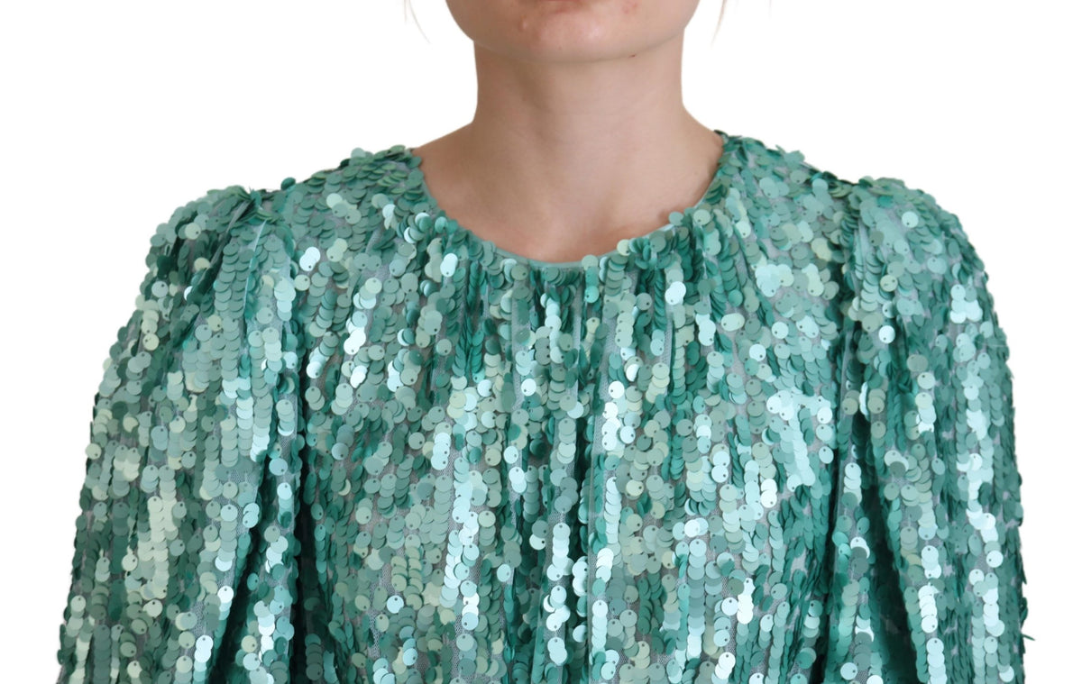 Dolce & Gabbana Blue Sequined Pleated Aline Midi Nylon Dress