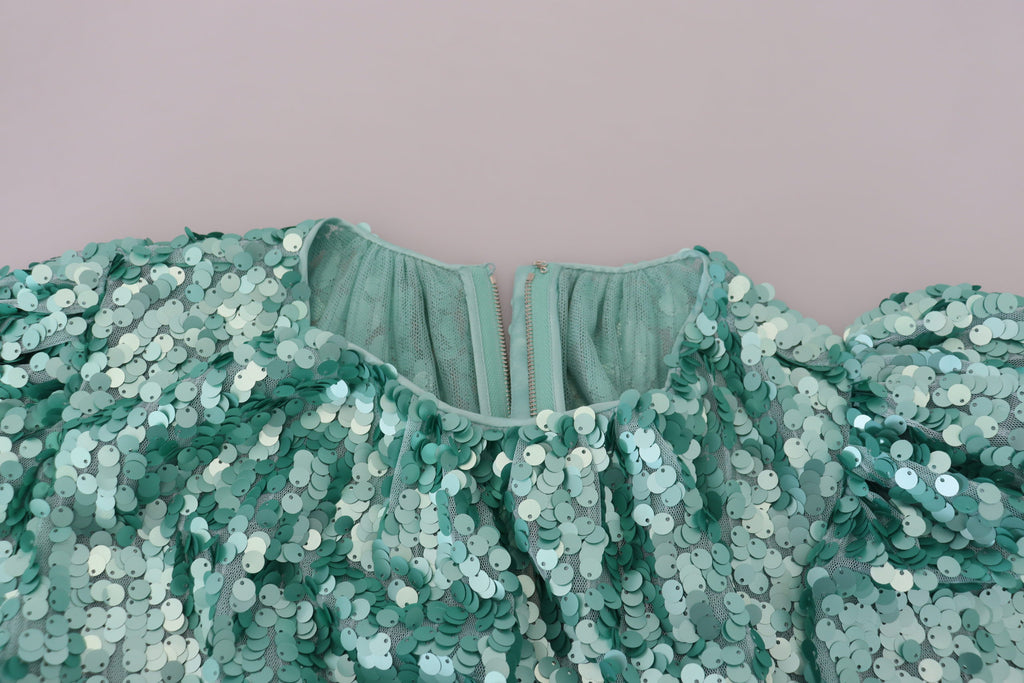 Dolce & Gabbana Blue Sequined Pleated Aline Midi Nylon Dress