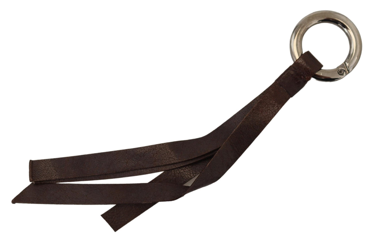Costume National Brown Leather Silver Tone Metal Keyring Keychain