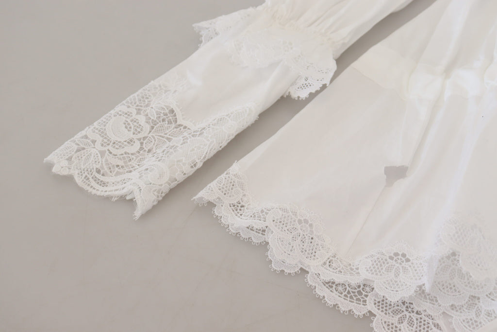 Dolce & Gabbana White Cotton Lace Trim Turtle Neck Blouse Top