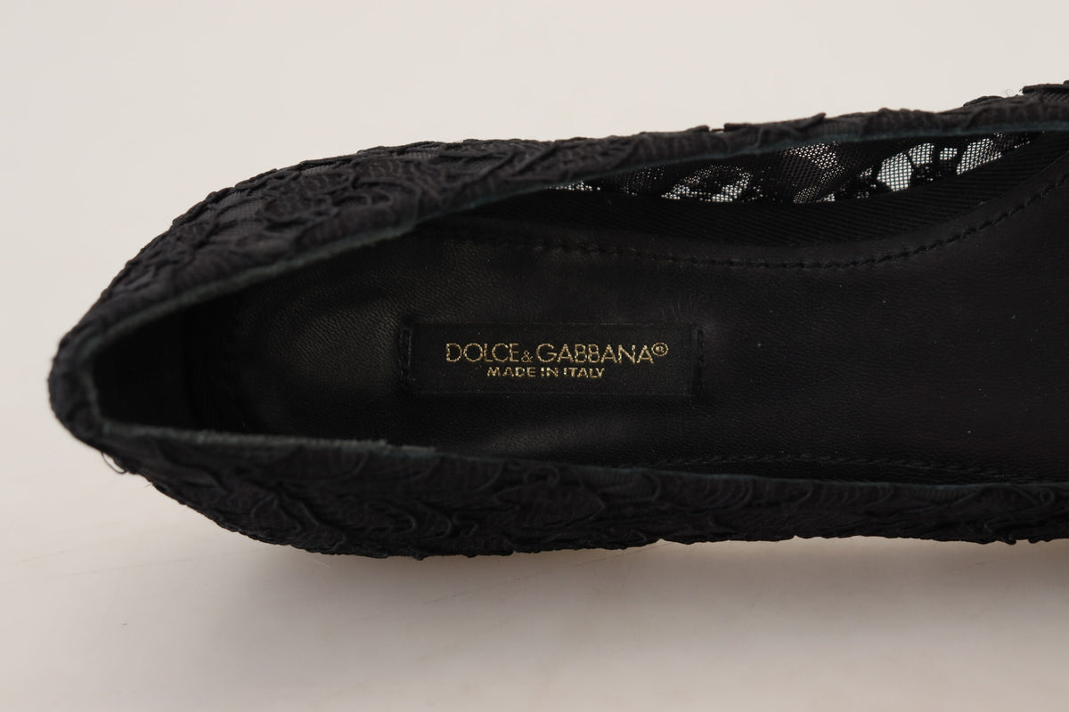 Dolce & Gabbana Black Taormina Lace Crystals Flats Shoes