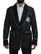 Dolce & Gabbana Dark Gray Robe Striped DG Patch Jacket Men Blazer