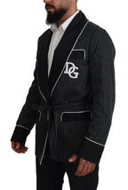 Dolce & Gabbana Dark Gray Robe Striped DG Patch Jacket Men Blazer