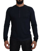 Dolce & Gabbana Blue Cotton Button Crewneck Pullover Sweater