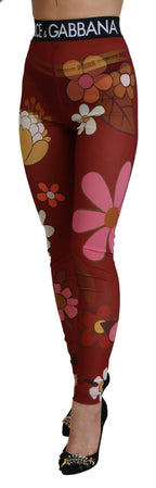 Dolce & Gabbana Red Floral Leggings Stretch Waist Pants
