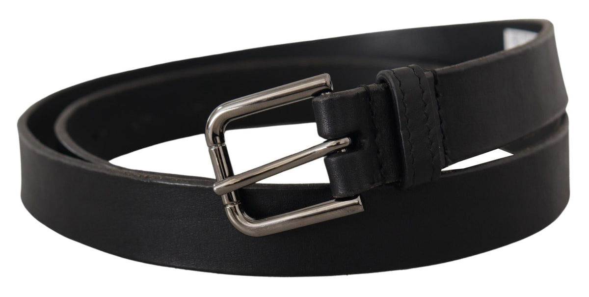 Dolce & Gabbana Black Calf Leather Logo Engraved Metal Buckle Belt