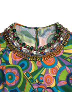 Dolce & Gabbana Multicolor Geometric Print Silk Crystals Midi Dress