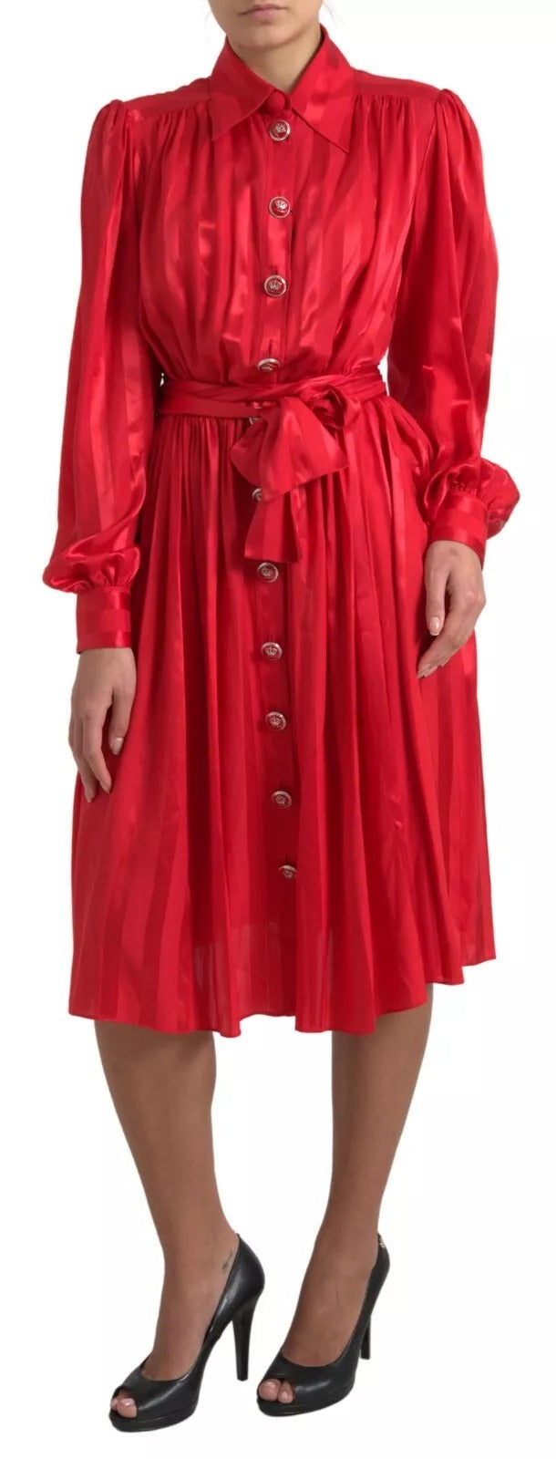 Dolce & Gabbana Red Button Down Belted Midi Satin Silk Dress