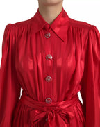 Dolce & Gabbana Red Button Down Belted Midi Satin Silk Dress