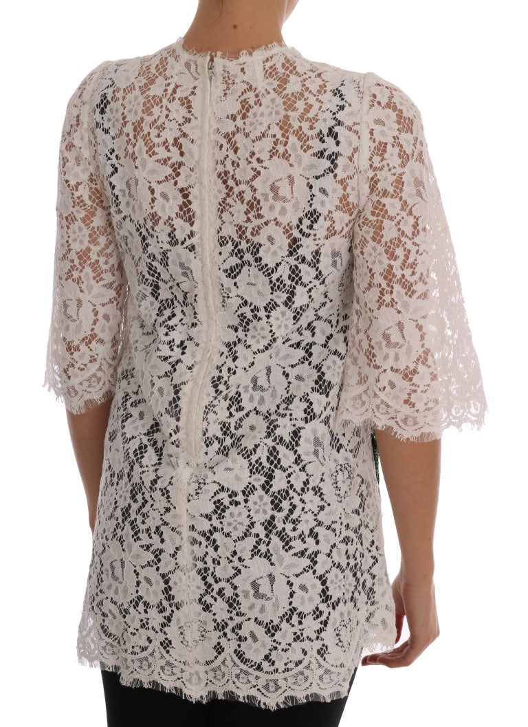 Dolce & Gabbana White Crystal Embellished Lace Blouse