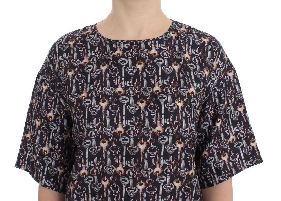 Dolce & Gabbana Gray Gold Key Print Silk Blouse T-shirt