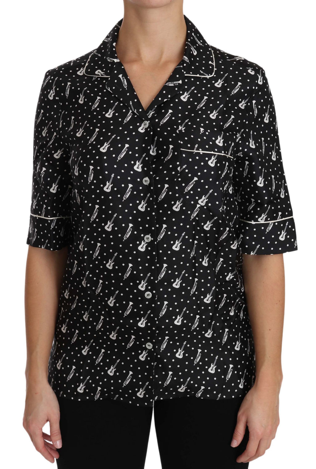Dolce & Gabbana Black GuitarTrumpet Print Silk Shirt Top