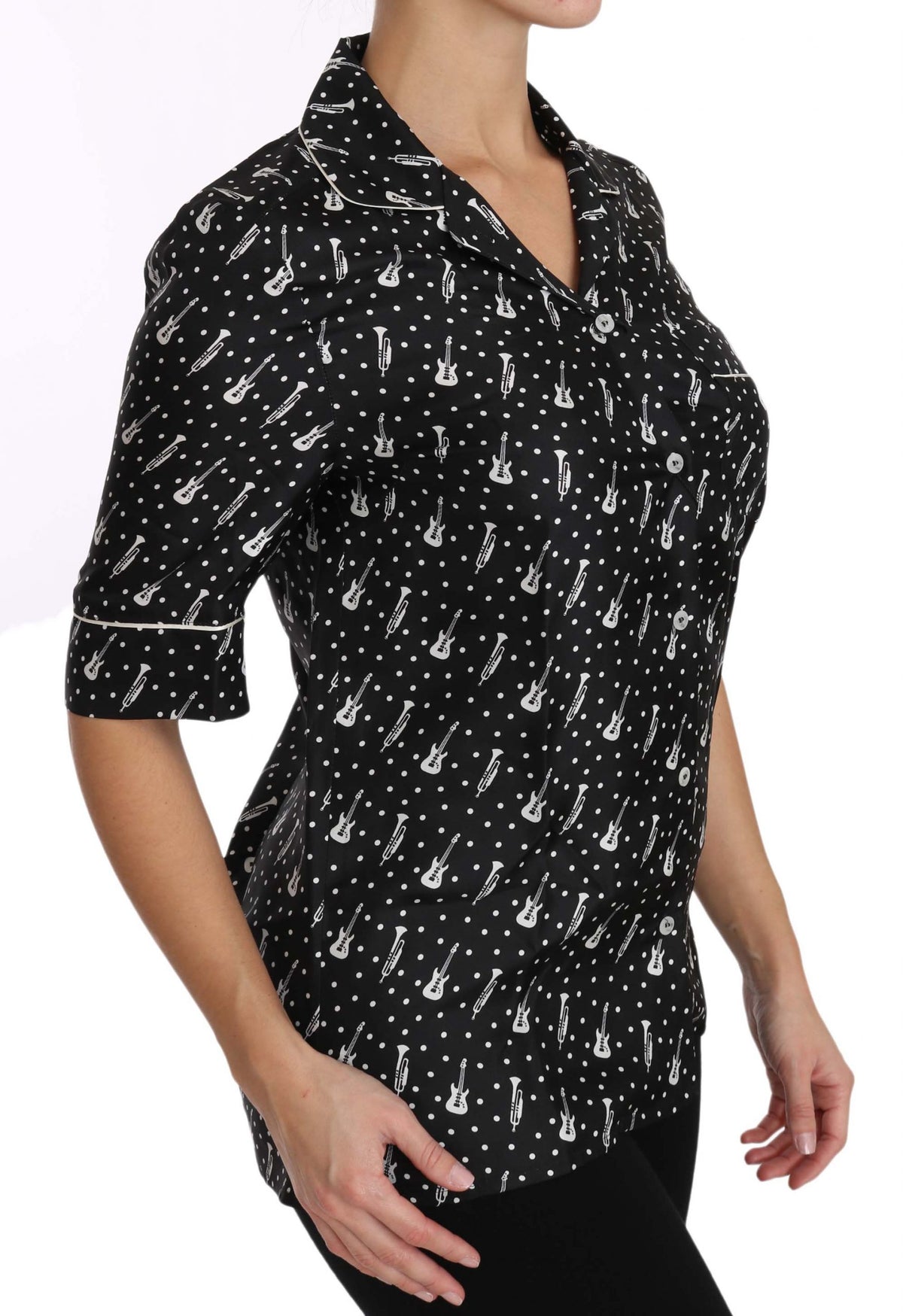 Dolce & Gabbana Black GuitarTrumpet Print Silk Shirt Top