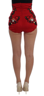 Dolce & Gabbana Red Silk Crystal Roses Shorts